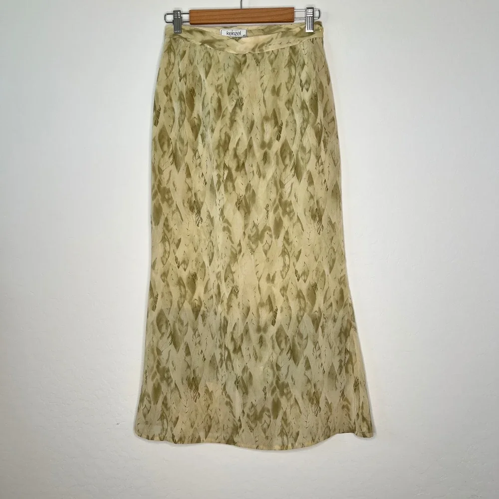 Kenzel Abstract Leaf Print Maxi Skirt Green Tan Lined Side Zip Womens 90s